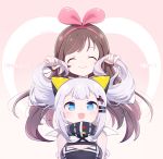  2girls a.i._channel bow breasts captain_yue cleavage closed_eyes fangs hair_bow kaguya_luna kaguya_luna_(character) kizuna_ai looking_at_viewer multiple_girls open_mouth smile twintails upper_body virtual_youtuber 