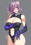  1girl bare_shoulders black_leotard blush breasts cleavage cowboy_shot fate/grand_order fate_(series) gloves grey_background hair_over_one_eye hand_under_clothes heart highleg highleg_leotard highres large_breasts legs_together leotard looking_at_viewer mash_kyrielight navel navel_cutout open_mouth ozaneko purple_gloves purple_hair shiny shiny_clothes shiny_hair shiny_skin short_hair simple_background solo standing sweat text thighs translated violet_eyes visible_air 