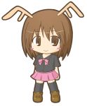  1girl antlers bangs black_legwear black_shirt blush_stickers borrowed_character bow bowtie brown_eyes brown_footwear brown_hair chibi closed_mouth commentary_request eyebrows_visible_through_hair full_body hair_between_eyes loafers long_hair looking_at_viewer original pink_neckwear pink_skirt pleated_skirt rinechun shirt shoes short_sleeves simple_background skirt smile solo standing thigh-highs white_background 
