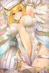  1girl ahoge arm_at_side arm_up armpits bangs belt belt_buckle blonde_hair blush breasts breasts_apart bridal_veil buckle center_opening colored_eyelashes commentary detached_collar detached_sleeves dutch_angle eyebrows_visible_through_hair fate/grand_order fate_(series) flower flower_wreath full-length_zipper garter_belt garter_straps gloves gradient gradient_background green_eyes grin groin hair_between_eyes hair_flower hair_ornament head_wreath highres hips juliet_sleeves leaf legs_together leotard lock long_sleeves looking_at_viewer loose_belt medium_breasts navel nero_claudius_(bride)_(fate) nero_claudius_(fate)_(all) open_clothes padlock petals puffy_detached_sleeves puffy_sleeves ribbed_sleeves sidelocks smile solo strapless strapless_leotard thighs umesake unzipped veil waist_cape water_drop wet white_flower white_gloves white_leotard wide_sleeves zipper zipper_pull_tab 