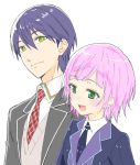  1boy 1girl :d absurdres bangs blue_jacket blue_neckwear blunt_bangs blush closed_mouth collared_shirt copyright_request donguri_suzume eyebrows_visible_through_hair green_eyes grey_jacket highres jacket looking_at_another necktie open_mouth pink_hair purple_hair red_neckwear school_uniform shirt short_hair simple_background smile white_background white_shirt wing_collar 