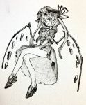  1girl alternate_hairstyle bare_legs between_legs blush flandre_scarlet full_body hand_between_legs hat hat_ribbon highres legs_crossed long_hair looking_at_viewer mashimashi mob_cap monochrome puffy_sleeves ribbon shoes sitting solo touhou traditional_media twintails 