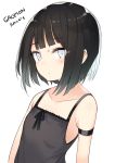  1girl armband bangs bare_shoulders black_hair blunt_bangs blush camisole closed_mouth commentary_request flower grey_eyes highres original short_hair simple_background solo translation_request tsunekichi upper_body white_background 