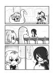  3girls character_request comic dancing emperor_penguin_(kemono_friends) eyebrows_visible_through_hair flying_sweatdrops gentoo_penguin_(kemono_friends) greyscale hair_over_one_eye hairband headphones highres japari_symbol kemono_friends kotobuki_(tiny_life) lake microphone mittens monochrome multiple_girls musical_note one_eye_covered short_hair smile swan_boat sweatdrop 