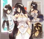  1girl ahoge albedo alternate_costume black_hair black_wings breasts commentary_request demon_girl demon_horns demon_wings dress feathered_wings feathers gloves hair_between_eyes highres hip_vent horns large_breasts long_hair looking_at_viewer low_wings multiple_views overlord_(maruyama) slit_pupils user_xgpy8228 white_dress white_gloves wings yellow_eyes younger 