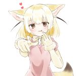  :3 :p animal_ears blonde_hair bow bowtie brown_eyes commentary_request elbow_gloves fennec_(kemono_friends) food food_on_face fox_ears fox_tail fur_trim gloves heart hekicho highres kemono_friends looking_at_viewer pointing pointing_at_viewer puffy_short_sleeves puffy_sleeves short_hair short_sleeves simple_background tail tongue tongue_out upper_body white_background 