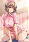  akagi_mio boku_to_nurse_no_kenshu_nisshi curtains hat highres indoors md5_mismatch moneti_(daifuku) nurse nurse_cap smile straddling thigh-highs 