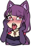  1girl ahegao animal_ears bangs blunt_bangs blush breasts cleavage commentary eyebrows_visible_through_hair fingernails fur_trim hands_up heart heart-shaped_pupils jewelry large_breasts low_twintails luna_of_water manticore_(monster_girl_encyclopedia) monster_girl monster_girl_encyclopedia necklace nose_blush original paws purple_hair solo symbol-shaped_pupils tongue tongue_out transparent_background twintails upper_body 