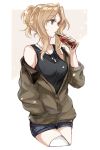  1girl bare_shoulders blonde_hair blue_eyes bomber_jacket breasts coke_bottle cropped_legs dog_tail girls_und_panzer glass_bottle gradient gradient_background hair_intakes hand_in_pocket highres jacket kay_(girls_und_panzer) medium_breasts off_shoulder outside_border short_ponytail soda_bottle solo tail thigh-highs white_legwear yuuyu_(777) 