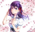  1girl cherry_blossom fate/stay_night fate_(series) flower long_hair looking_at_viewer matou_sakura purple_eyes ribbon sakura short_hair smile solo tree violet_hair white_dress 