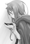  1girl animal_ears ayakura_juu blush cape crying crying_with_eyes_open from_side greyscale holding holo long_hair monochrome novel_illustration official_art parted_lips solo spice_and_wolf tears upper_body white_background wolf_ears 