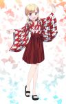  1girl :d blonde_hair blush eyebrows_visible_through_hair full_body hakama hakama_skirt highres iijima_yun japanese_clothes kimono new_game! open_mouth outstretched_arms pink_x red_eyes red_hakama short_hair sidelocks smile solo standing 