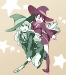  2girls artist_request broom broom_riding commentary_request diana_cavendish hat kagari_atsuko little_witch_academia multiple_girls open_mouth pointing witch_hat 