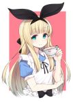  1girl :3 apron black_bow blonde_hair blue_dress blush bow closed_mouth commentary_request cup dress fingernails green_eyes hair_bow hand_up highres holding huge_bow long_hair looking_at_viewer nekoume pink_background puffy_short_sleeves puffy_sleeves short_sleeves simple_background smile solo teacup upper_body 