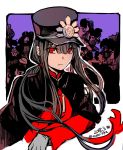  1girl black_hair cape commentary_request dated eyebrows_visible_through_hair fate_(series) gloves hair_between_eyes hat highres jacket koha-ace long_hair long_sleeves looking_at_viewer low_twintails oda_nobunaga_(fate) peaked_cap red_eyes red_jacket rioka_(southern_blue_sky) solo twintails twitter_username upper_body 