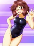  1girl black_swimsuit blush breasts brown_eyes brown_hair competition_swimsuit d-m_(dii_emu) highres low_twintails medium_breasts one-piece_swimsuit one_eye_closed open_mouth purple_background purple_swimsuit red-framed_eyewear semi-rimless_eyewear short_hair smile solo swimsuit touhou twintails two-tone_swimsuit under-rim_eyewear usami_sumireko 