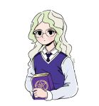  1girl blue_neckwear blush book closed_mouth diana_cavendish expressionless glasses green_hair holding holding_book little_witch_academia long_hair looking_at_viewer necktie purple_vest rey_2911 shirt simple_background solo upper_body vest white_background white_shirt 