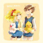  1boy 1girl butz_klauser chocobo dress final_fantasy final_fantasy_v krile_mayer_baldesion long_hair moogle open_mouth short_dress short_hair shorts_under_skirt simple_background stuffed_animal stuffed_toy sunagimo_(nagimo) 