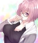  1girl absurdres breasts cleavage fate/grand_order fate_(series) glasses highres lips mash_kyrielight purple_hair shiny shiny_hair short_hair solo violet_eyes zucchini 