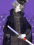  1boy absurdres black_cape black_hat cape cowboy_shot eyebrows_visible_through_hair eyepatch grey_hair grey_jacket grey_pants grin hat head_tilt highres jacket katana looking_at_viewer original pants peaked_cap purple_background rosette_(yankaixuan) scabbard sheath smile solo standing sword violet_eyes weapon 