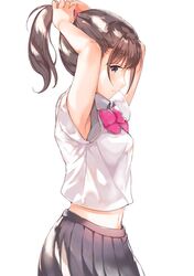  1girl armpits bow bowtie brown_eyes brown_hair closed_mouth collared_shirt commentary_request copyright_request eyebrows_visible_through_hair from_side grey_skirt hair_tie hands_up looking_at_viewer midriff navel pink_neckwear pleated_skirt ponytail shirt short_hair short_sleeves sibyl simple_background skirt solo tying_hair white_background white_shirt wing_collar 