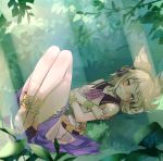  1girl anklet barefoot bracer crossed_arms earmuffs jewelry leaf light_brown_hair light_rays lying makuwauri neck_ribbon on_back plant pointy_hair purple_neckwear purple_skirt ribbon skirt sleeveless solo sunbeam sunlight touhou toyosatomimi_no_miko yellow_eyes 