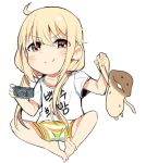  1girl ahoge barefoot blonde_hair blush boyshorts chibi closed_mouth clothes_writing commentary_request futaba_anzu handheld_game_console holding idolmaster idolmaster_cinderella_girls indian_style korean korean_commentary long_hair looking_at_viewer low-tied_long_hair playstation_portable red_eyes shirt short_sleeves sitting smile solo tuxedo_de_cat very_long_hair whisker_markings white_shirt 