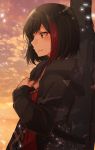  1girl bang_dream! black_hair black_jacket blush closed_mouth clouds cloudy_sky eyebrows_visible_through_hair from_side guitar_case hood hooded_jacket instrument_case jacket long_sleeves mitake_ran multicolored_hair outdoors red_eyes red_shirt rinto_(rint_rnt) shirt short_hair sky smile solo standing streaked_hair sunset 