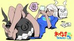  1girl bare_legs barefoot blonde_hair blue_shirt cellphone commentary_request drawing eyebrows_visible_through_hair feet guilty_gear guilty_gear_xrd hair_between_eyes holding holding_phone jin_(mugenjin) lying naked_shirt on_back orange_eyes pen phone ramlethal_valentine ringed_eyes sharp_teeth shirt short_hair short_sleeves simple_background smartphone soles solo speech_bubble spoken_squiggle squiggle teeth toes yellow_background 
