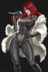  1girl absurdres black_background bodysuit covered_navel fur_coat hair_over_one_eye hand_on_hip highres kirijou_mitsuru long_hair pale_skin persona persona_3 persona_4:_the_ultimate_in_mayonaka_arena ragecndy rapier red_eyes redhead solo sword weapon 