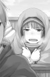  1boy 1girl ayakura_juu craft_lawrence eyebrows_visible_through_hair fangs greyscale holo hood looking_at_viewer monochrome novel_illustration official_art open_mouth outdoors spice_and_wolf upper_body 