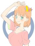  1girl absurdres bra_strap breasts closed_mouth donguri_suzume eyebrows_visible_through_hair flower green_eyes hair_flower hair_ornament hand_up highres large_breasts looking_at_viewer orange_hair original pink_shirt shirt short_sleeves smile smug solo upper_body v 