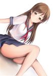  1girl brown_eyes brown_hair closed_mouth comic dutch_angle idolmaster idolmaster_cinderella_girls long_hair nannacy7 nitta_minami panties pantyshot pantyshot_(sitting) school_uniform serafuku short_sleeves sitting skirt smile solo underwear white_background white_panties 