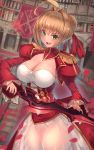  1girl aestus_estus ahoge bangs blonde_hair breasts cleavage dress epaulettes eyebrows_visible_through_hair fate/extra fate/grand_order fate_(series) green_eyes hair_bun hair_ornament hair_ribbon highres holding holding_sword holding_weapon large_breasts leotard long_sleeves looking_at_viewer nero_claudius_(fate) nero_claudius_(fate)_(all) open_mouth petals plaster_(2501) red_dress red_ribbon ribbon see-through shiny shiny_skin short_hair solo standing sword weapon white_leotard 