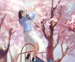 1girl :d black_hair black_legwear blue_jacket brown_eyes cherry_blossoms commentary_request day hands_up highres jacket long_hair long_sleeves open_mouth original outdoors shoes skirt slide smile socks solo tree tunapon01 white_footwear white_skirt 