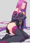  1girl absurdly_long_hair ass belt_collar black_dress black_footwear black_gloves boots breasts closed_mouth commentary_request doushimasho dress elbow_gloves facial_mark fate/stay_night fate_(series) fingerless_gloves forehead_mark gloves grey_background highres large_breasts long_hair medusa_(fate) medusa_(fate)_(all) purple_hair purple_legwear reclining rider short_dress simple_background solo thigh-highs thigh_boots very_long_hair violet_eyes 