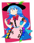  1girl apron bangs black_hat blue_hair bow bowtie food fruit furukawa_(yomawari) hand_on_hip hat hinanawi_tenshi leaf long_hair peach puffy_sleeves rainbow_order red_bow red_eyes red_neckwear smile solo touhou waist_apron 