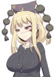  1girl alternate_costume alternate_hairstyle black_shirt blonde_hair breasts burn_scar buttons closed_mouth collarbone commentary_request ear eyebrows_visible_through_hair eyelashes facing_viewer headdress jitome junko_(touhou) large_breasts looking_away pom_pom_(clothes) scar shirt sidelocks simple_background solo tassel touhou upper_body white_background xialu_zajin yellow_eyes 