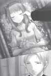  1boy 1girl animal_ears ayakura_juu beard blush coffin craft_lawrence facial_hair flower from_above greyscale holo indoors long_hair lying monochrome novel_illustration official_art on_back parted_lips spice_and_wolf spoilers upper_body wolf_ears 