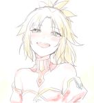  1girl :d bangs bare_shoulders blonde_hair blue_eyes blush breasts commentary_request detached_collar eyebrows_visible_through_hair fate/apocrypha fate_(series) hair_ornament hair_scrunchie ica looking_at_viewer mordred_(fate) mordred_(fate)_(all) open_mouth pale_color parted_bangs ponytail scrunchie short_hair simple_background small_breasts smile solo tears upper_body white_background 