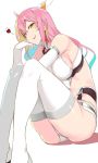  1girl bare_shoulders breasts copyright_request detached_sleeves koko_shiguma large_breasts long_hair multicolored_hair pink_hair smile thigh-highs white_legwear 