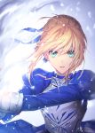  1girl armor armored_dress artist_name artoria_pendragon_(all) bangs blonde_hair blue_dress blue_ribbon dress fate/stay_night fate_(series) green_eyes hair_ribbon long_hair ribbon saber serious short_hair solo twitter_username zelovel 