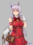  1girl 2017 absurdres animal_ears artist_name bangs bare_shoulders blunt_bangs bow dress gloves gold_ship grey_background hair_tousle highres horse_ears horse_tail lavender_hair minata_(axl19941120) pink_eyes purple_hair red_bow red_dress shaded_face simple_background sleeveless sleeveless_dress solo tail umamusume violet_eyes white_gloves 