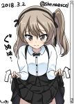  1girl absurdres bangs black_neckwear black_ribbon black_skirt bow bowtie brown_eyes casual closed_mouth collared_shirt commentary_request cowboy_shot dated directional_arrow excel_(shena) eyebrows_visible_through_hair frown gameplay_mechanics girls_und_panzer hair_ribbon high-waist_skirt highres layered_skirt lifted_by_self light_brown_hair logo long_hair long_sleeves looking_at_viewer medium_skirt pointer ribbon scroll shimada_arisu shirt side_ponytail signature skirt skirt_lift solo standing suspender_skirt suspenders tearing_up twitter_username white_shirt 
