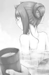  1girl animal_ears ayakura_juu closed_eyes from_behind greyscale holding holo long_hair monochrome novel_illustration nude official_art onsen partially_submerged smile spice_and_wolf tail upper_body wolf_ears wolf_tail 