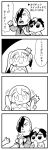  1girl 2boys 4koma :3 :o arm_up asymmetrical_hair bangs bkub caligula_(game) clenched_hand comic commentary_request crown elbow_gloves eyebrows_visible_through_hair gloves greyscale hair_extensions hair_over_one_eye headset holding holding_hair medal mini_crown monochrome mu_(caligula) multicolored_hair multiple_boys protagonist_(caligula) raised_fist rectangular_mouth satake_shogo school_uniform shirt short_hair shouting simple_background speech_bubble swept_bangs t-shirt talking translation_request twintails two-tone_background two-tone_hair 