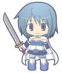  1girl bangs blue_eyes blue_footwear blue_hair blue_shirt blue_skirt blush boots cape chibi closed_mouth collarbone commentary_request detached_sleeves eyebrows_visible_through_hair full_body gloves hair_between_eyes holding holding_sword holding_weapon long_sleeves looking_at_viewer mahou_shoujo_madoka_magica miki_sayaka pleated_skirt rinechun shirt skirt smile solo standing strapless sword thigh-highs weapon white_background white_cape white_gloves white_legwear 