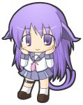  1girl angel_beats! animal_ears bangs blush brown_footwear cat_ears cat_girl cat_tail chibi closed_mouth eyebrows_visible_through_hair forked_tail full_body hair_between_eyes hands_on_own_cheeks hands_on_own_face hands_up irie_(angel_beats!) kemonomimi_mode loafers long_hair long_sleeves looking_at_viewer neckerchief nekomata pink_neckwear pleated_skirt purple_hair purple_skirt rinechun school_uniform serafuku shirt shoes simple_background skirt smile socks solo standing tail very_long_hair violet_eyes white_background white_legwear white_shirt 
