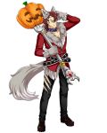  1boy animal_ears belt black_pants boots brown_footwear brown_hair collar collarbone fang_out fox_ears fox_tail full_body halloween_costume hand_on_head holding isaac_(log_horizon) log_horizon looking_at_viewer official_art pants pumpkin solo standing tail torn_clothes torn_pants transparent_background 