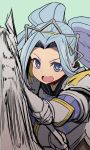  1girl :d armor bangs blue_eyes blue_hair breastplate commentary_request copyright_request green_background holding long_hair open_mouth parted_bangs plate_armor ponytail simple_background smile solo sumiyao_(amam) upper_body 